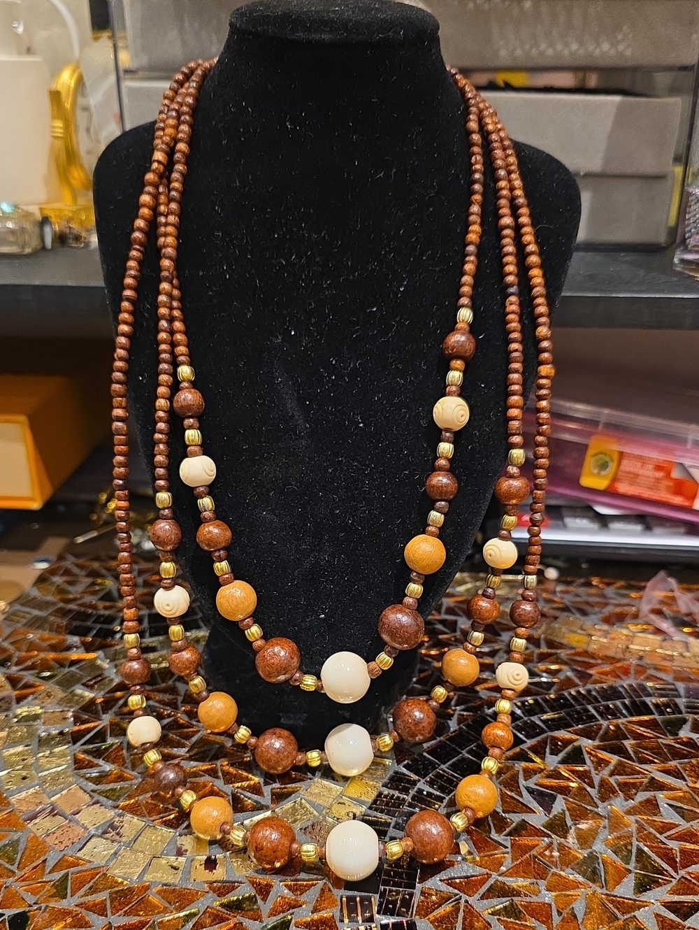 Vintage Brown and Cream Multi-Strand Beaded Necklace